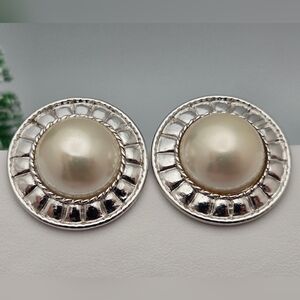 Vintage Vendome Faux Pearl Silver Tone Stud Earrings 1'' Wedding Bride Style